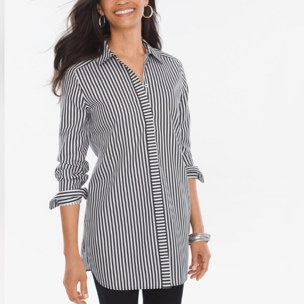 🔲CHICO’s🔲Black/White Striped No-Iron Shirt